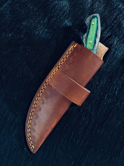 Heritage Forge 8.75 Inch Ladder Damascus Hunting Knife with Camel Bone and Wood Handle