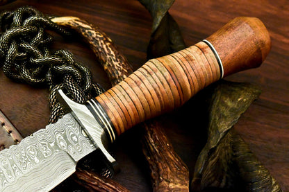 13.5" Damascus Bowie Knife | Stacked Leather & Walnut Handle