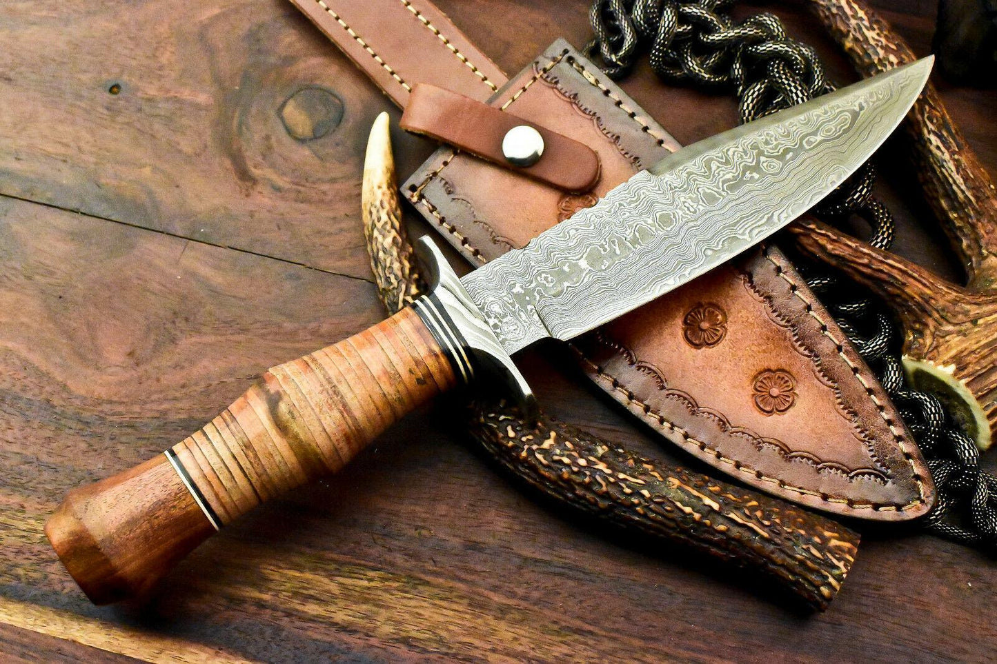 13.5" Damascus Bowie Knife | Stacked Leather & Walnut Handle