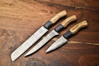 Lot Of 3 Handmade Damascus Steel Blade Chef Set Knife – Hammered Damascus, Sharp & Durable