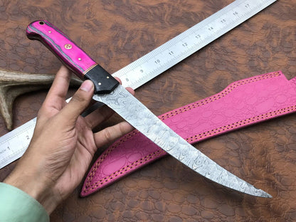 14" Hand Forged Damascus Fillet Knife Custom Fillet Knife with Leather Sheath