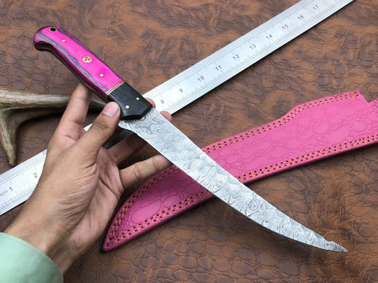 14" Hand Forged Damascus Fillet Knife Custom Fillet Knife with Leather Sheath