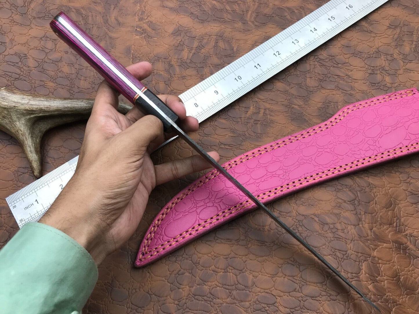 14" Hand Forged Damascus Fillet Knife Custom Fillet Knife with Leather Sheath