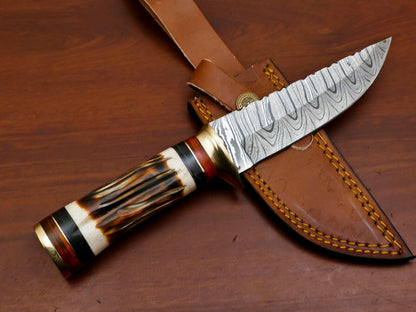 9.5" Damascus Steel Bowie Knife with Burn Camel Bone & Pakka Wood Handle – Custom Handmade Hunting Blade