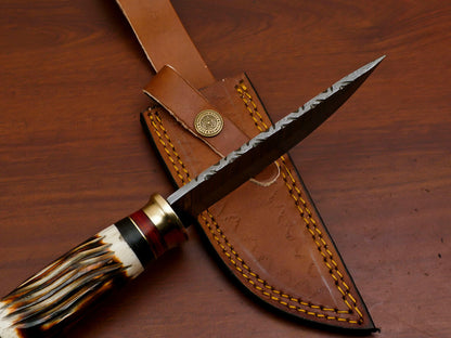 9.5" Damascus Steel Bowie Knife with Burn Camel Bone & Pakka Wood Handle – Custom Handmade Hunting Blade