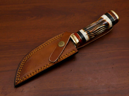 9.5" Damascus Steel Bowie Knife with Burn Camel Bone & Pakka Wood Handle – Custom Handmade Hunting Blade