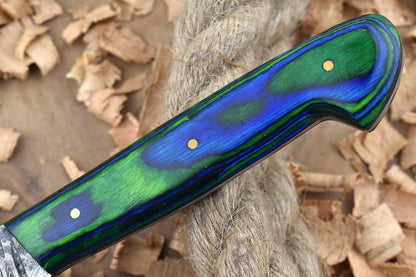 Custom Handmade Forged Damascus Steel Kitchen Chef Knife with Blue & Green Dollar Thappa Handle