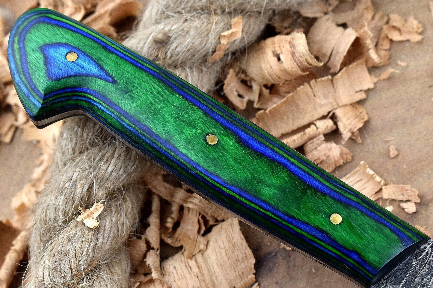 Custom Handmade Forged Damascus Steel Kitchen Chef Knife with Blue & Green Dollar Thappa Handle