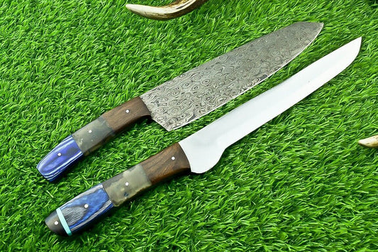 Lot of 2 Handmade Damascus & D2 Steel Chef Knives | Forged Kitchen Knife Set
