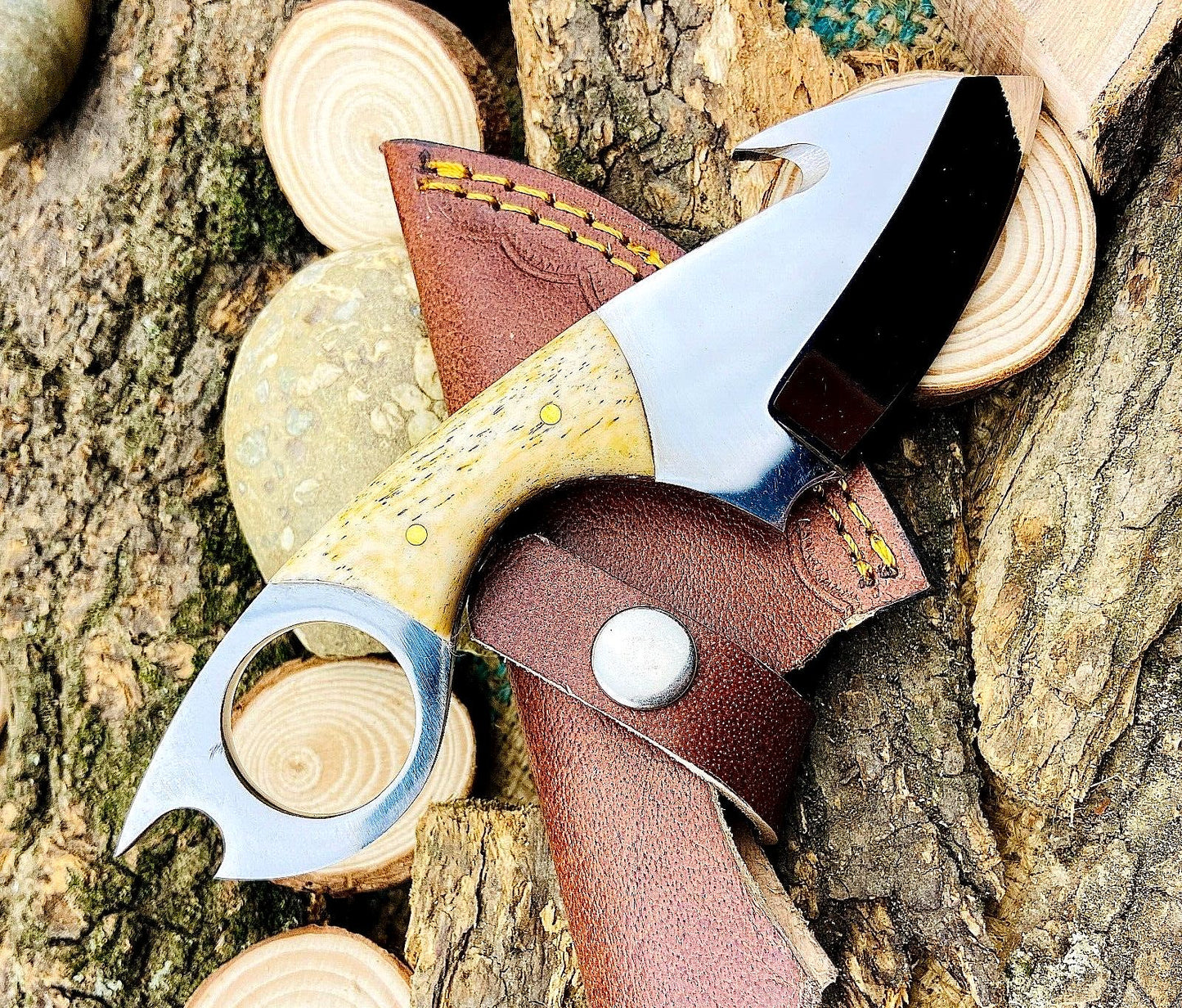 7" Custom Handmade Gut Hook Skinner – High Polish Stainless Steel Blade, Camel Bone Handle, Leather Sheath
