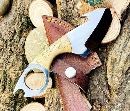 7" Custom Handmade Gut Hook Skinner – High Polish Stainless Steel Blade, Camel Bone Handle, Leather Sheath