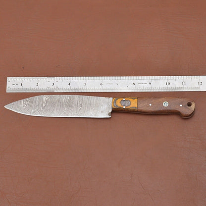 Custom Handmade Damascus Steel Chef Knife 12" | Wood Handle with Leather Sheath