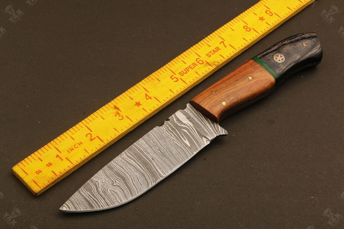 9" Hand Forged Twist Damascus Steel Drop Point Bowie Knife | Camel Bone & Wood Handle