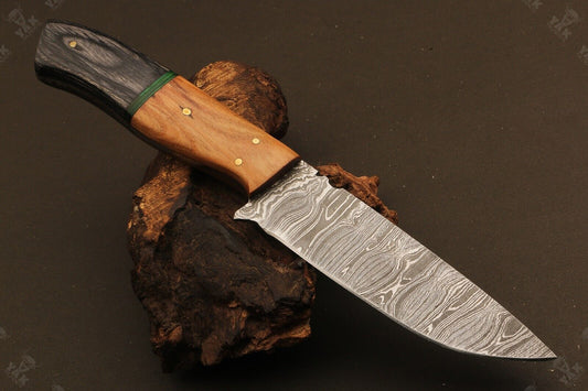 9" Twist Damascus Bowie Knife Damascus Steel Knife with Camel Bone & Wood Handle
