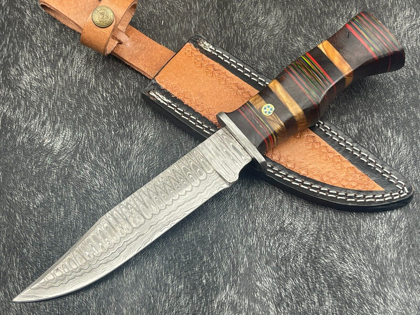 12" Damascus Steel Bowie Knife – Multicolor Hardwood Handle with Sheath