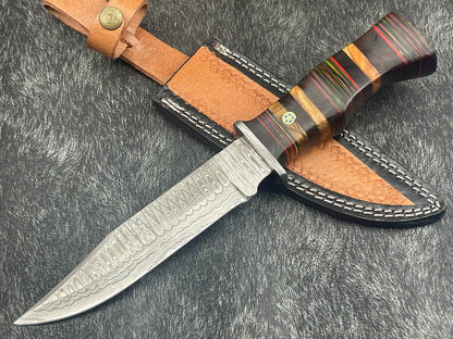 12" Damascus Steel Bowie Knife – Multicolor Hardwood Handle with Sheath