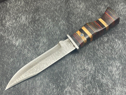 12" Damascus Steel Bowie Knife – Multicolor Hardwood Handle with Sheath