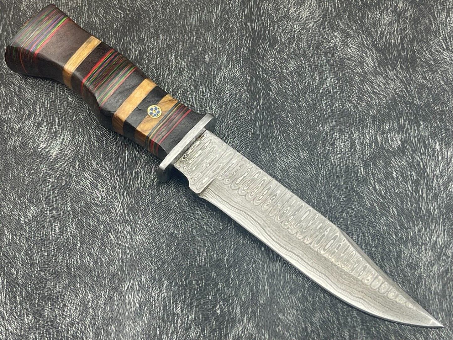 12" Damascus Steel Bowie Knife – Multicolor Hardwood Handle with Sheath