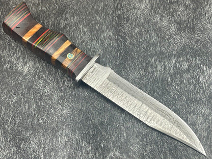 12" Damascus Steel Bowie Knife – Multicolor Hardwood Handle with Sheath