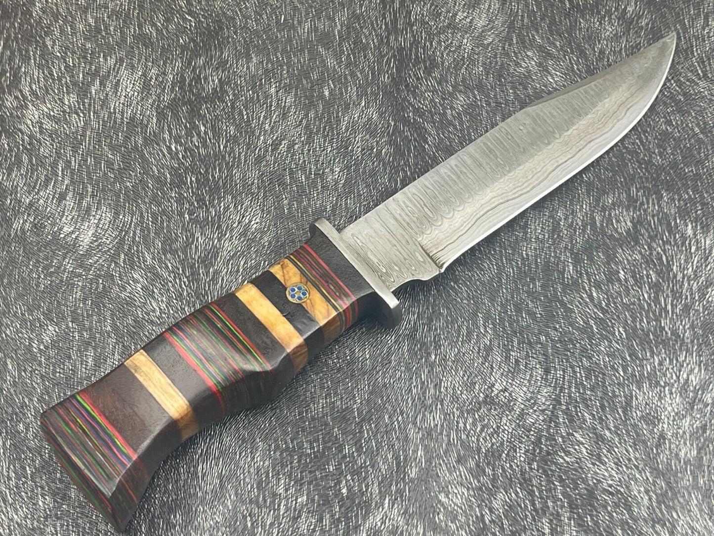 12" Damascus Steel Bowie Knife – Multicolor Hardwood Handle with Sheath