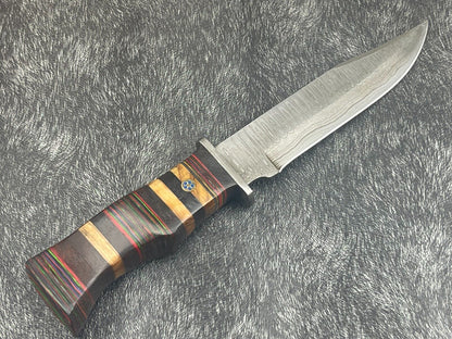 12" Damascus Steel Bowie Knife – Multicolor Hardwood Handle with Sheath
