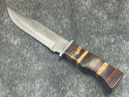 12" Damascus Steel Bowie Knife – Multicolor Hardwood Handle with Sheath