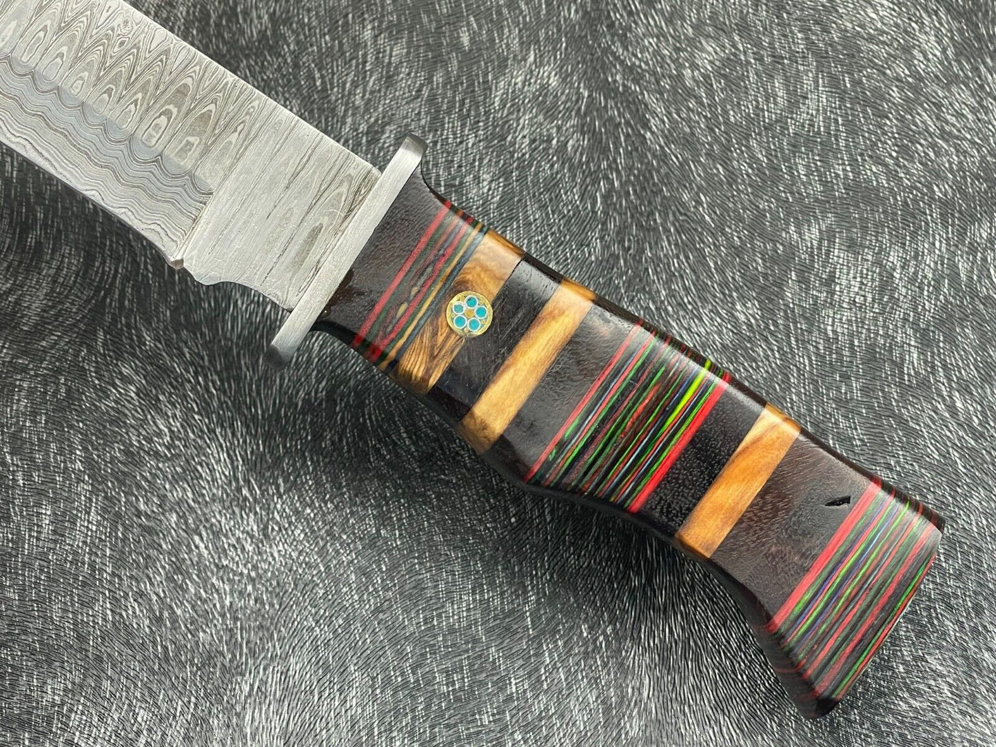 12" Damascus Steel Bowie Knife – Multicolor Hardwood Handle with Sheath