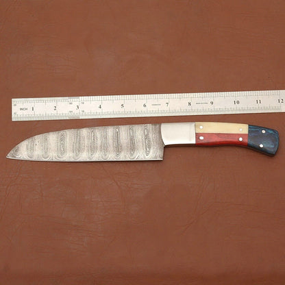Handmade Full Tang Damascus Steel Chef Kitchen Knife with Wood Handle & Leather Sheath