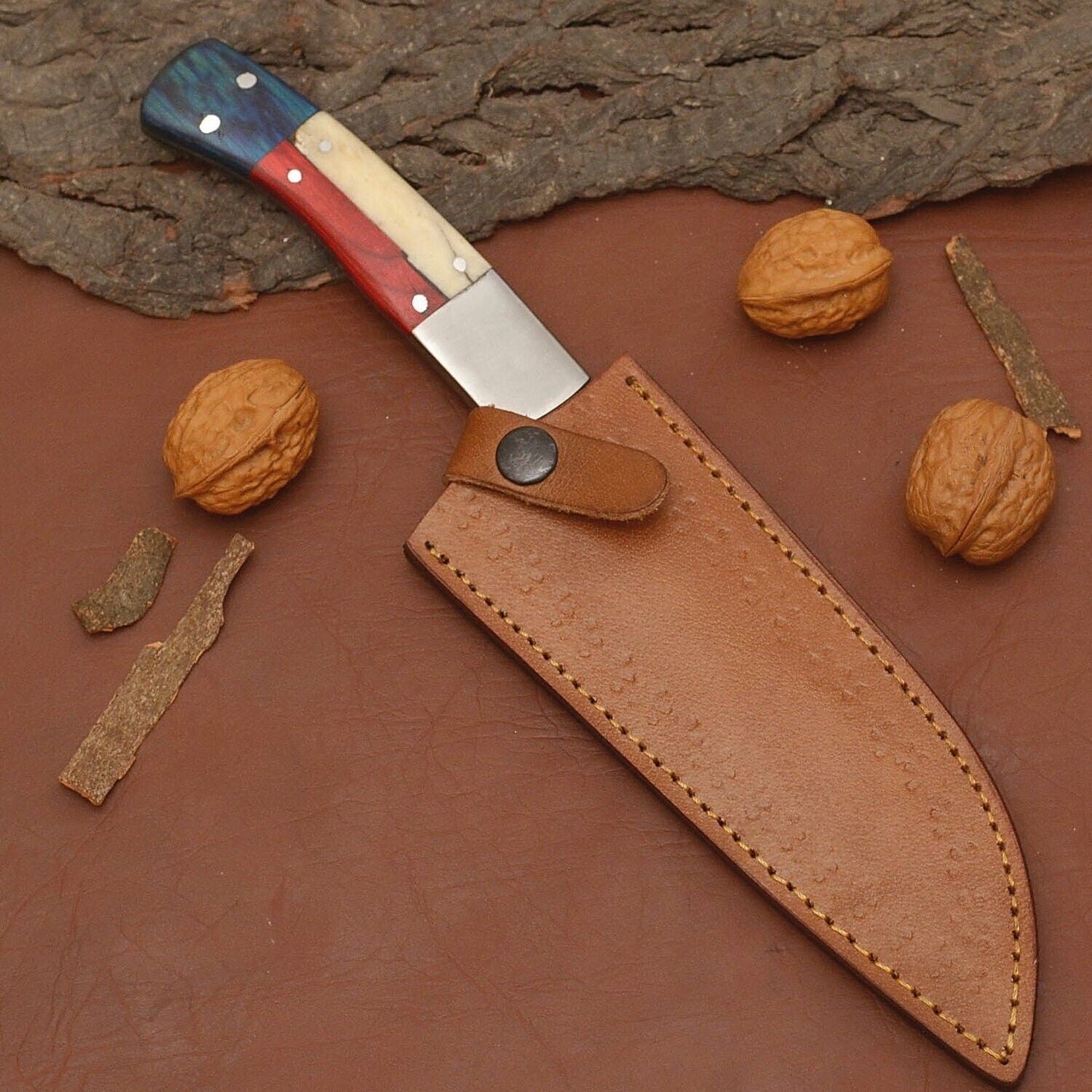Handmade Full Tang Damascus Steel Chef Kitchen Knife with Wood Handle & Leather Sheath