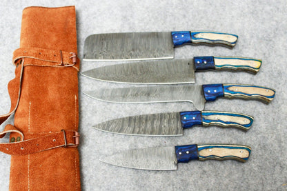 Custom Handmade Fixed Blade Damascus Steel Hunting Kitchen Chef Knife Set