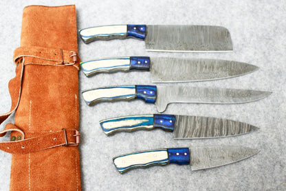 Custom Handmade Fixed Blade Damascus Steel Hunting Kitchen Chef Knife Set
