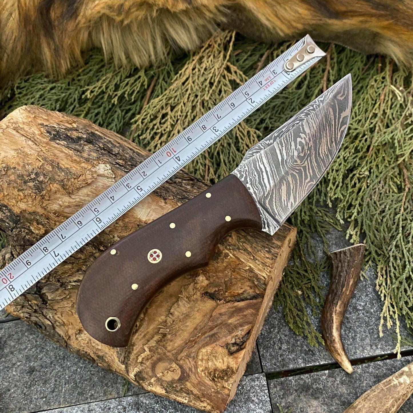 Hand Forged Damascus Steel EDC Bowie Hunting Knife | Micarta Handle & Leather Sheath