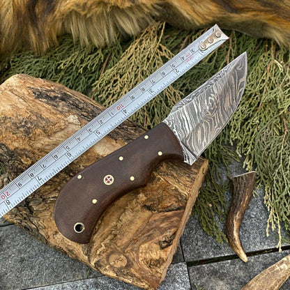 Hand Forged Damascus Steel EDC Bowie Hunting Knife | Micarta Handle & Leather Sheath