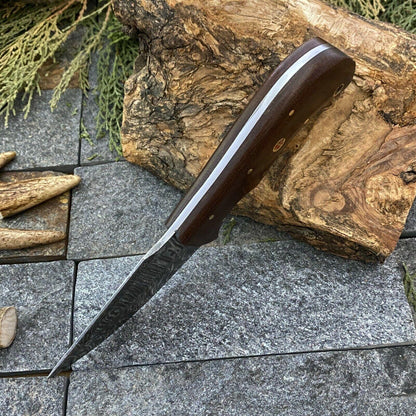 Hand Forged Damascus Steel EDC Bowie Hunting Knife | Micarta Handle & Leather Sheath