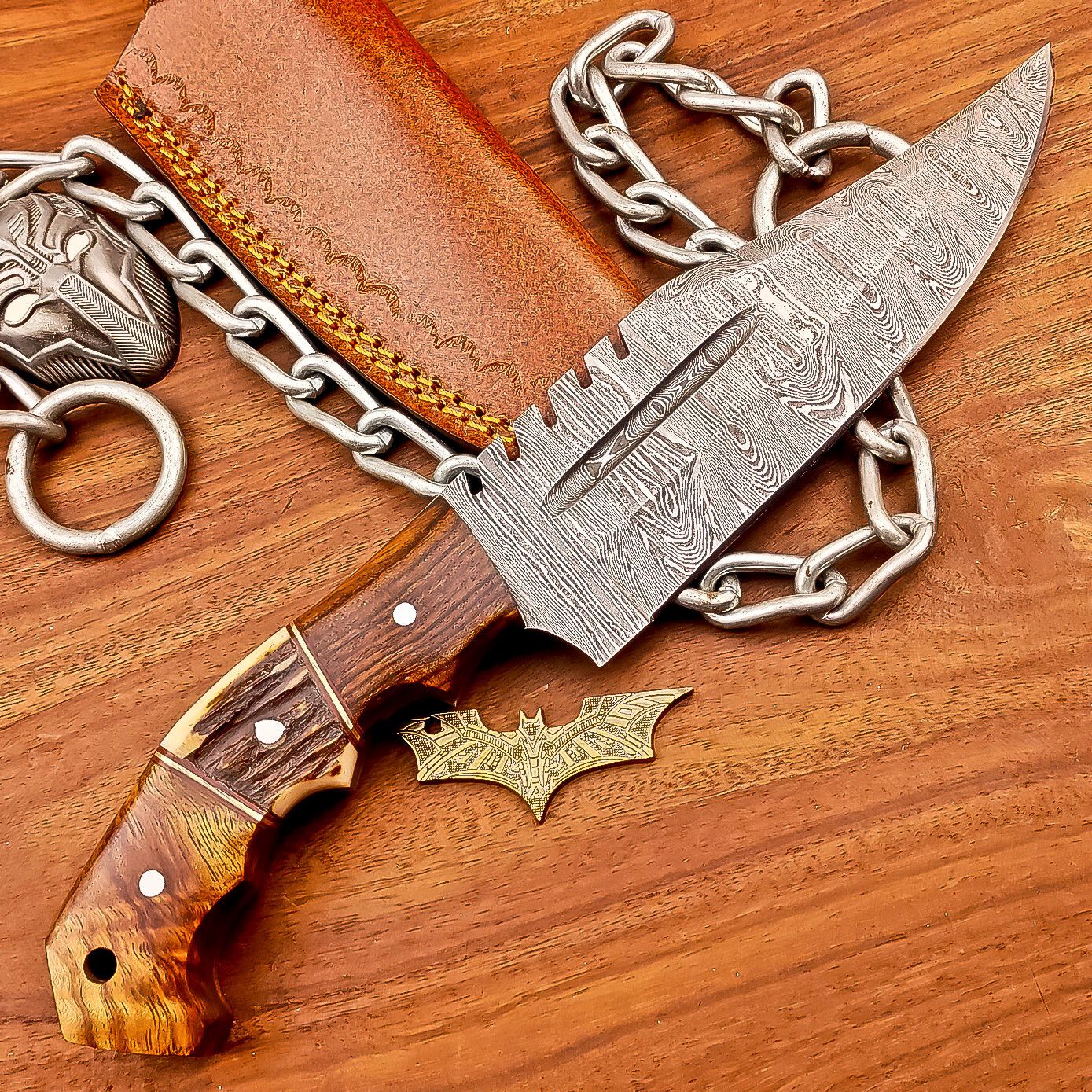 10 Inch Handmade Damascus Steel Bowie Knife with Wood Handle and Brass Pins
