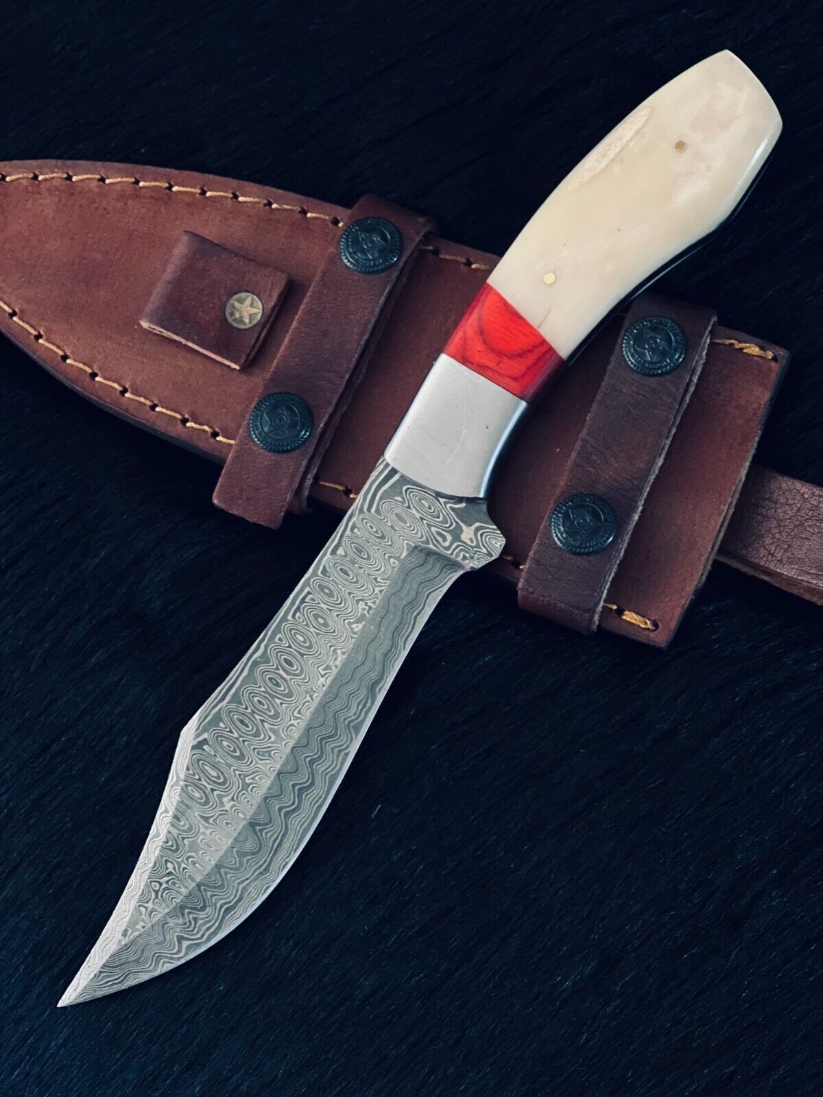 10" Rain Drop Damascus Bowie Knife – Stained Camel Bone & Wood Handle