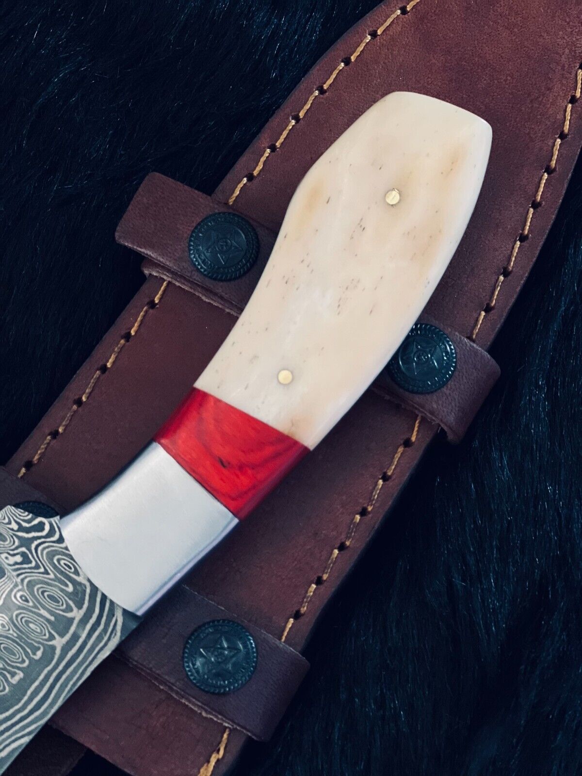 10" Rain Drop Damascus Bowie Knife – Stained Camel Bone & Wood Handle