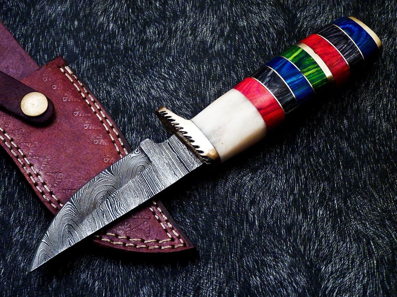 9" Custom Handmade Damascus Bowie Hunting Knife – Hard Wood & Camel Bone Handle