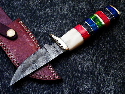 9" Custom Handmade Damascus Bowie Hunting Knife – Hard Wood & Camel Bone Handle