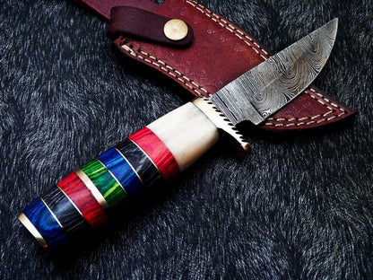 9" Custom Handmade Damascus Bowie Hunting Knife – Hard Wood & Camel Bone Handle