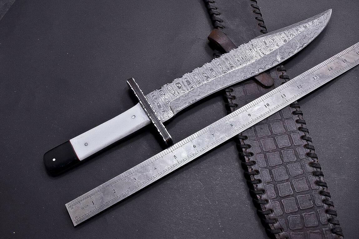 15" Damascus Steel Bowie Knife with Camel Bone & Buffalo Horn Handle – Full Tang Hunting Blade