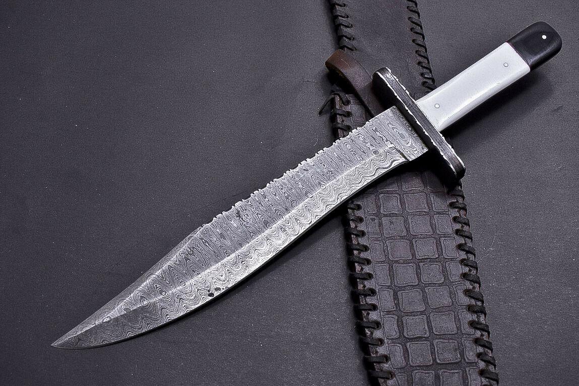 15" Damascus Steel Bowie Knife with Camel Bone & Buffalo Horn Handle – Full Tang Hunting Blade