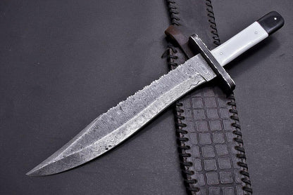 15" Damascus Steel Bowie Knife with Camel Bone & Buffalo Horn Handle – Full Tang Hunting Blade