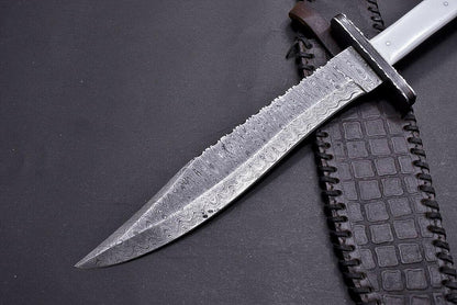 15" Damascus Steel Bowie Knife with Camel Bone & Buffalo Horn Handle – Full Tang Hunting Blade