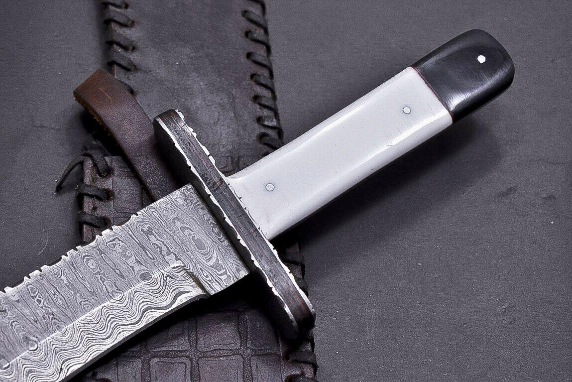 15" Damascus Steel Bowie Knife with Camel Bone & Buffalo Horn Handle – Full Tang Hunting Blade