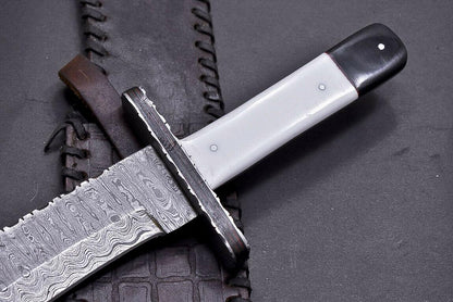 15" Damascus Steel Bowie Knife with Camel Bone & Buffalo Horn Handle – Full Tang Hunting Blade