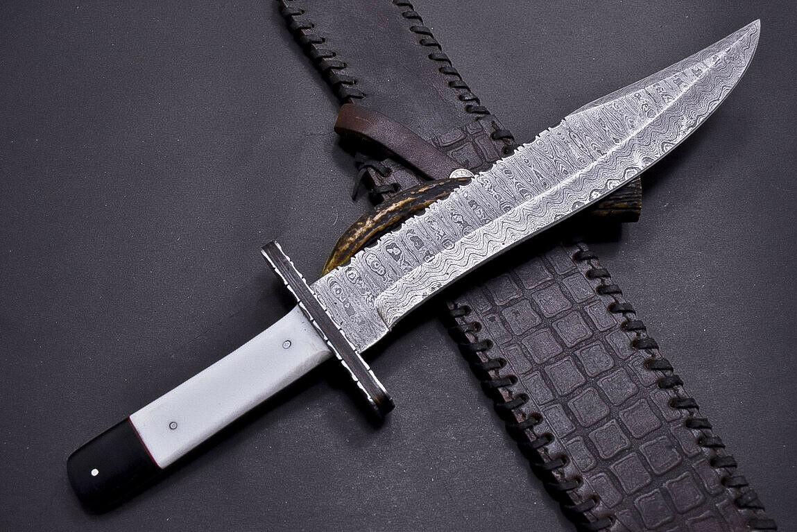 15" Damascus Steel Bowie Knife with Camel Bone & Buffalo Horn Handle – Full Tang Hunting Blade