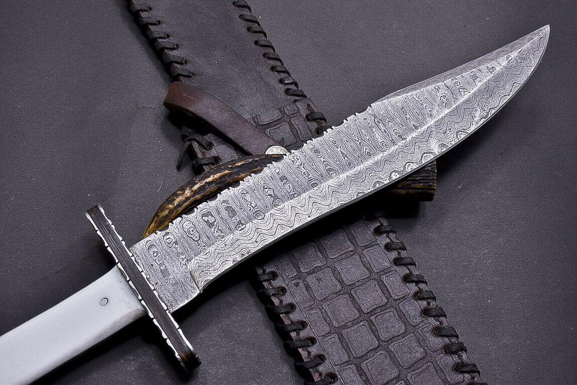 15" Damascus Steel Bowie Knife with Camel Bone & Buffalo Horn Handle – Full Tang Hunting Blade