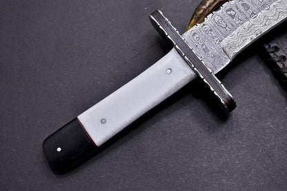 15" Damascus Steel Bowie Knife with Camel Bone & Buffalo Horn Handle – Full Tang Hunting Blade
