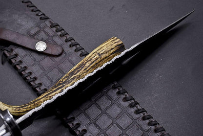 15" Damascus Steel Bowie Knife with Camel Bone & Buffalo Horn Handle – Full Tang Hunting Blade